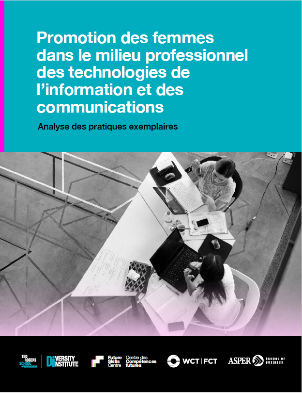 Page de couverture du rapport, avec une image aérienne de deux femmes travaillant à un bureau.